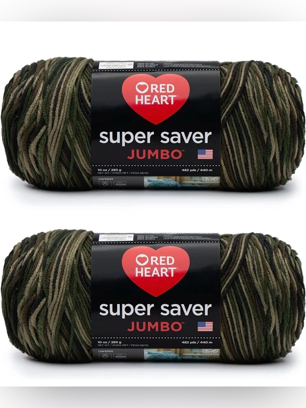 Red Heart Super Saver Jumbo Camouflage Yarn - 2 Pack of 283g/10oz - Acrylic -...